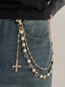 Wallet Pant Pearl Chains - Layered Jean Pocket Heart Design Chain Keychain for Women Men - Cute Bag Purse Cross Charm Maximalist Jewelry
