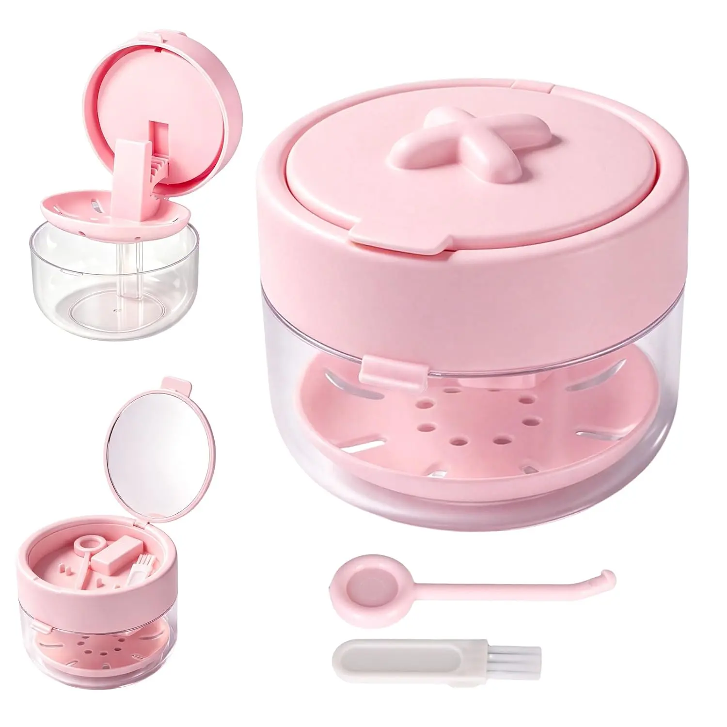 3-in-1 Silicone Retainer Cleaner Case Box - Leak-Proof Oral Appliance Storage with Built-in Mirror, Cleaning Brush, Removal Tool, Drain Tray for Invisalign, Mouth Guard Daily Lightweight