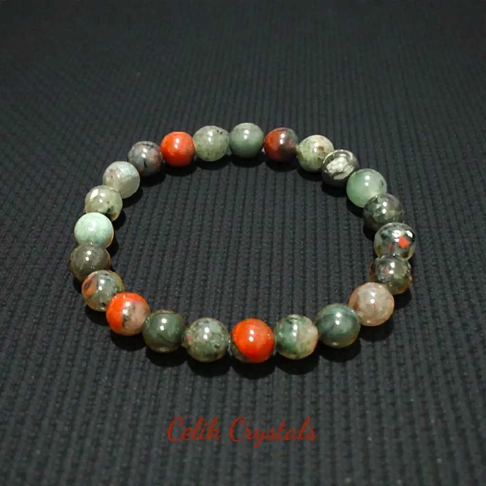 8mm Natural Crystal African Bloodstone Jewelry Bracelet - Unisex Gemstone Bracelet for Energy Grounding, Protection, Courage, Healing Crystal Jewelry