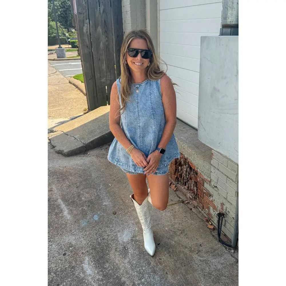 Women's Light Denim Casual Denim Trapeze Sleeveless Shorts Set - Vibe, Lightweight, Breathable, Soft Fabric, Comfortable