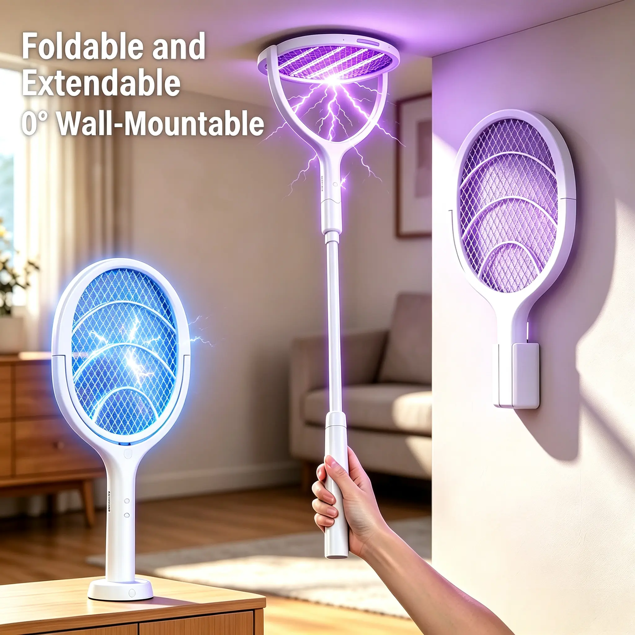 2026 Upgraded 6-in-1 Rotating Portable Multi-Function Electric Mosquito Swatter, USB Rechargeable Electric Mosquito Zapper with Telescopic Extension Pole, 90° Rotating Grid for Wall Mounting, 3-Layer Safety Net, UV Attraction