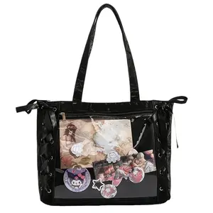 FAURALA Coquette Ita Bag - PU Tote with Lace-Up Bows & Clear Window for Anime Pins & Merch Display | Detachable Shoulder Strap, Cute Ribbon Accents, Faux Leather | Trendy Y2K, Kawaii, Dark Academia Aesthetic (Pins & Plush NOT Included)