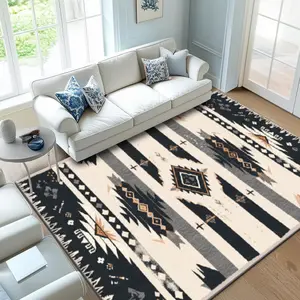 Velvet Soft Comfort Geometric Stripe Navajo Pattern Print Rug, Soft Area Rug, Home Decor Carpet, Living Room Large Mat, Sofa Pad, Bedroom Floor Mat, Modern Area Rug