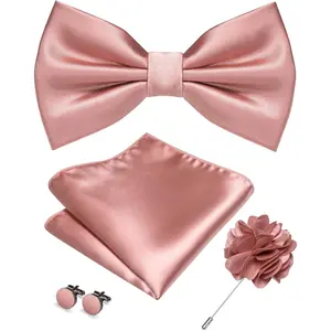 Solid Color Bow Tie and Pocket Square with Lapel Pin Cufflinks Set 4PCS