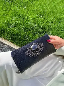 Women's Trendy Punk Style Skull Design Long Wallet, Casual Pu Leather Zipper Long Purse, Fashionable Wallet for Daily Use for Women, 2025 Vintage Purse for Women, Multi Functional Wallet
