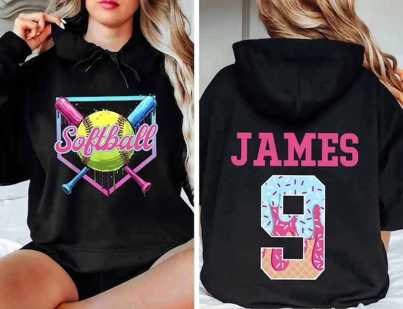 Personalized Softball Drip Mom Hoodie, Gift for Mom, ice cream drip Mother's Day Gift, Customized Softball Mom Hoodie, Team Mom softball jersey