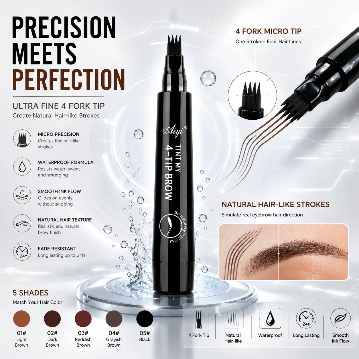 4-Fork Micro Liquid Eyebrow Pen, Waterproof Long-Lasting Natural Brow Tattoo Pen, Multiple Shades, Makeup Eyebrow Product