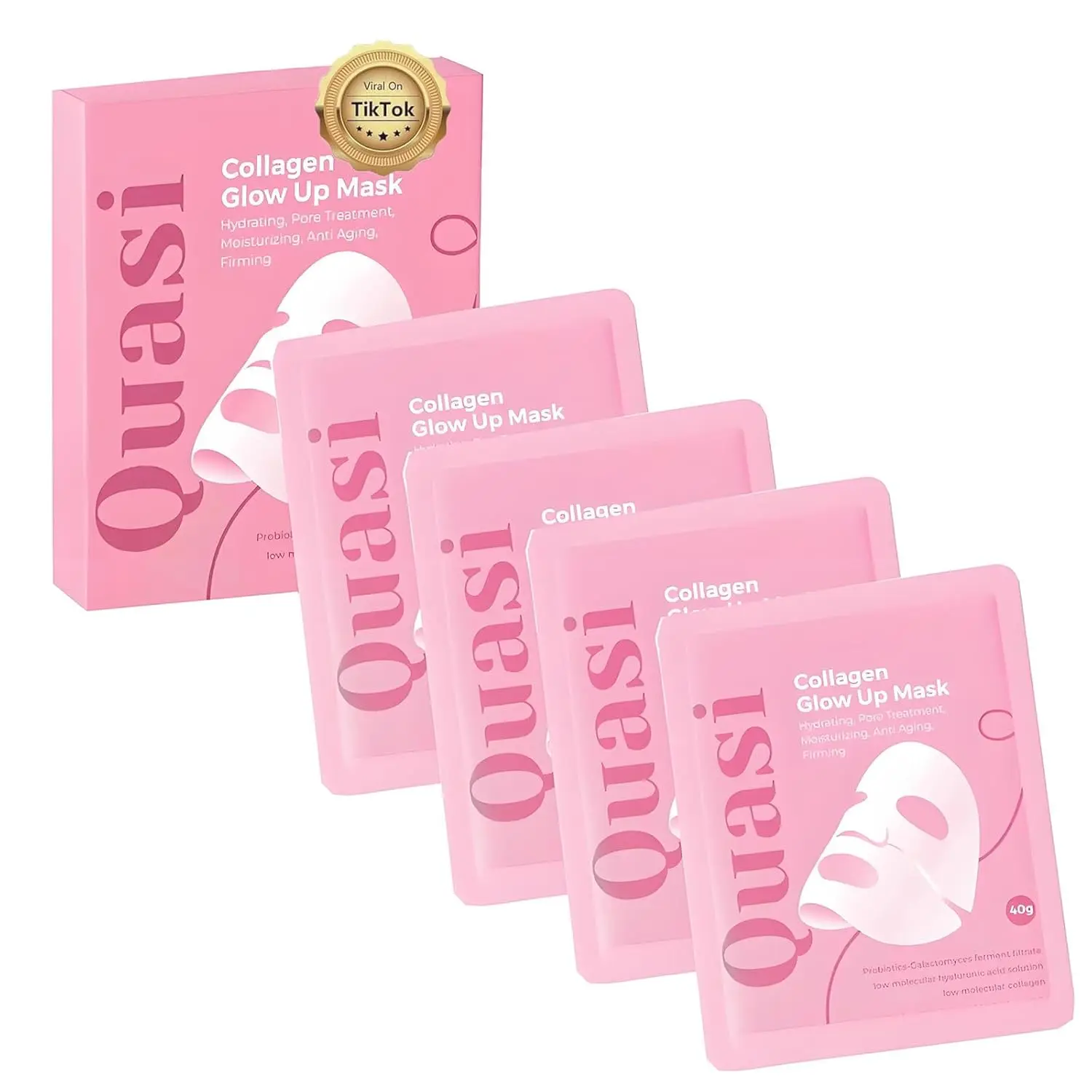 Quasi Bio-Collagen Face Mask Overnight – Hydrating Korean Sheet Mask – Niacinamide & Low Molecular Collagen – Firming & Smoothing Skincare for All Skin Types – 4 Masks