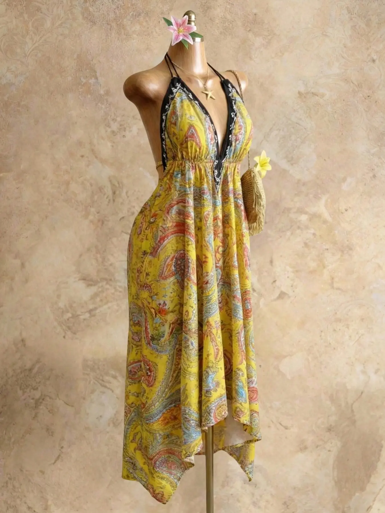 Women's Summer Boho Print Halter Long Dress, Deep V Backless Waist Cinch Sexy Dress, Perfect for Beach Vacation, Date, Daily Wear, Hiking