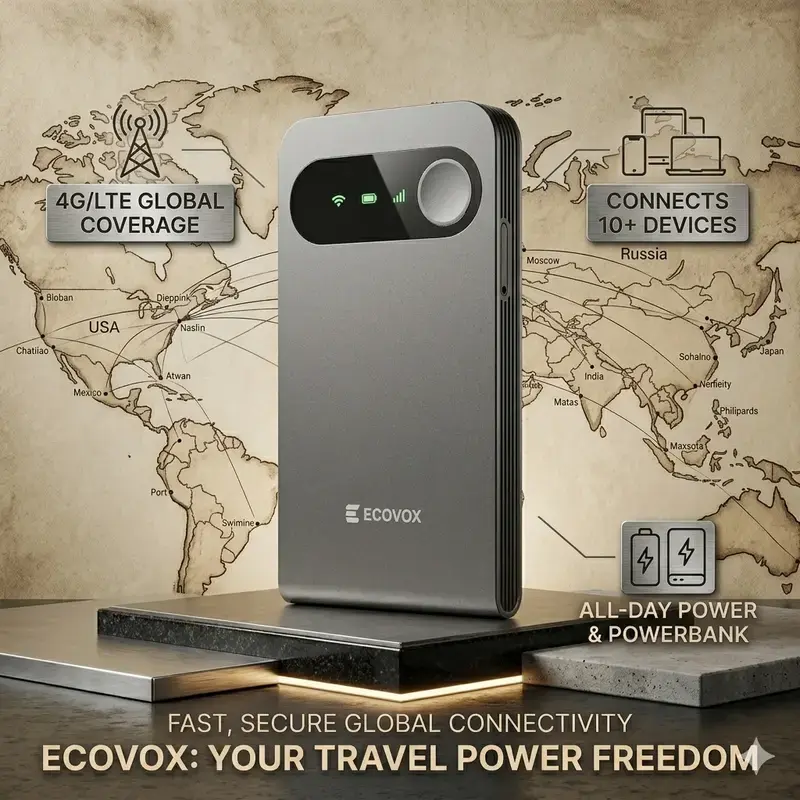 ECOVOX Global Portable WiFi Hotspot / Unlimited Data Plan — Supports multiple carriers, speeds up to 150Mbps, FCC certified, and weighs only 86g; includes 1GB of data—ideal for business trips, RV travel, and road trips.