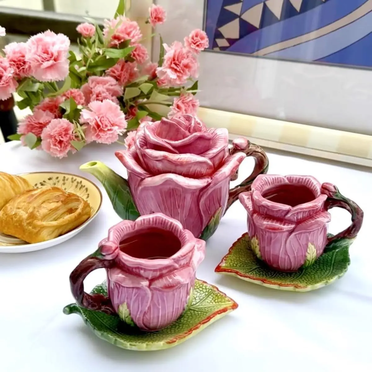 5-Piece Ceramic Rose Tea Pot Set, Kitchen Drinkware with 3D Hand-Painted Rose Red Cups, Green Leaf Saucers & Mug, Ideal for Birthday Gifting