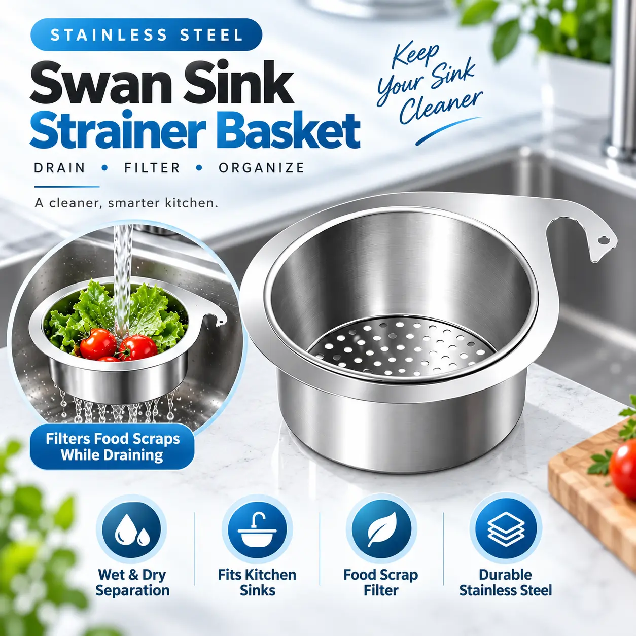 Stainless Steel Swan Sink Strainer Basket, Hanging Kitchen Sink Drain Filter, Food Scrap Catcher & Colander, Wet & Dry Separation Organizer for Washing Fruits, Vegetables & Daily Kitchen Use