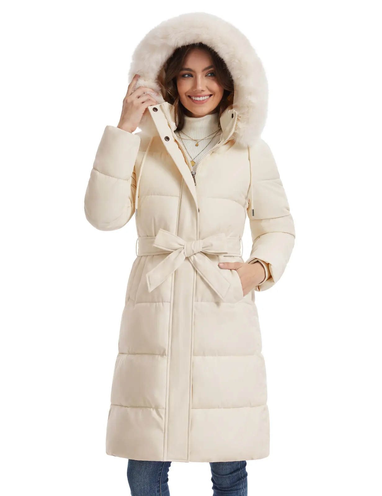UMIPUBO Women's Winter Warm Puffer Coat - Long Drawstring, Waterproof Snow Parka with Removable Faux Fur Trim Hood, Fitted Fleece Top