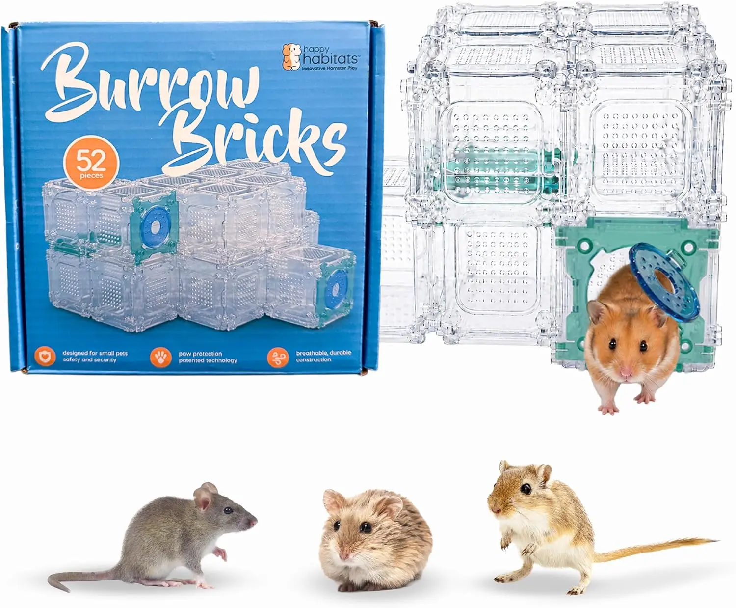 Burrow Bricks Hamster Maze Kit – DIY Custom Hamster Tunnels that Also Fit Gerbils – 52 Piece Pet Rat Cage Accessories with Modular Clear Panels, Doors & Connectors