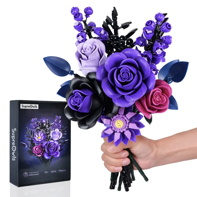 Supreowls Flower Bouquet Building Set, Purple Roses Botanical Collection Kits for Adults Women, Gift for Valentine's Day for Her/Mom/Girlfriend/Wife/Couple, Gothic Modern Home Room Office Table Decor