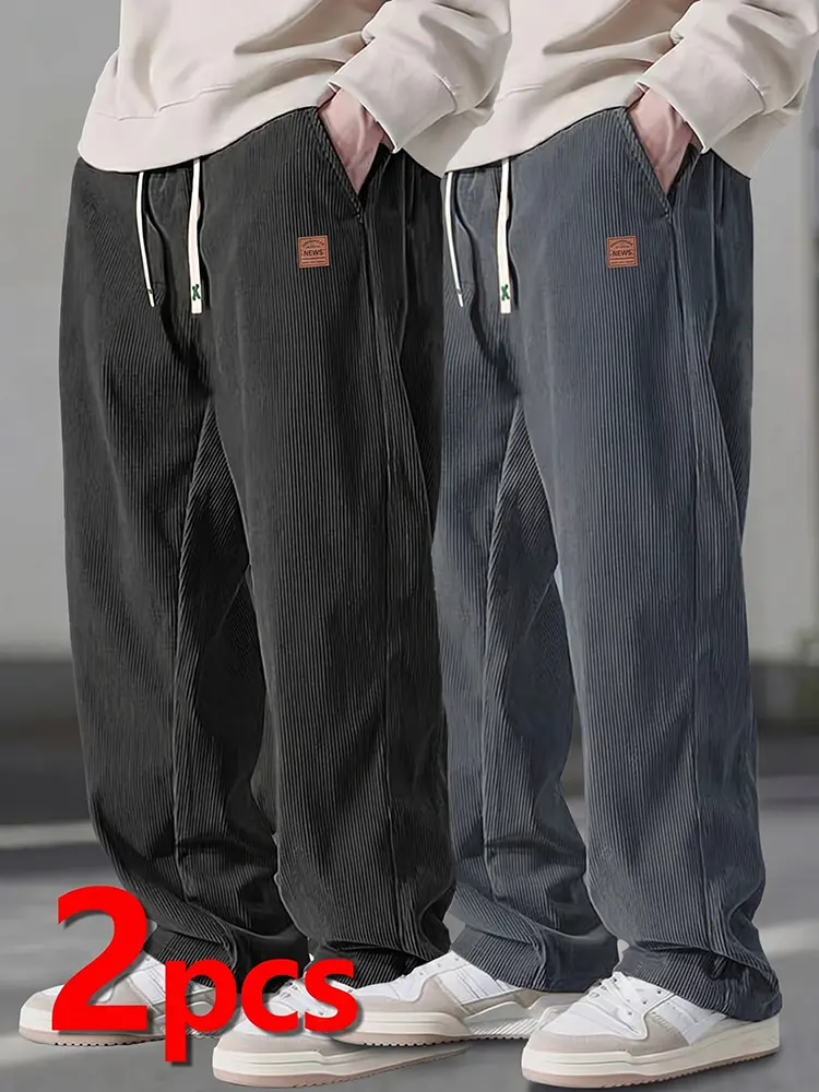 2-pack American vintage men’s corduroy casual pants, straight loose long pants, versatile comfortable trousers suitable for everyday wear, wearable in all seasons