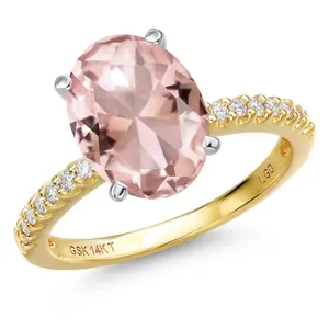 Gem Stone King 14K Two Tone Gold Peach Nano Morganite and Lab Grown Diamond Engagement Ring For Women | 4.04 Cttw | Oval 11X9MM | Wedding Engagement Anniversary Promise Ring For Women