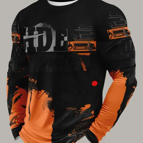 Men's MTB Themed 3D Graffiti Print Athletic Fashion Long Sleeve T-Shirt, Quick Dry Breathable Crew Neck Fitness Top, Sports Top for Cycling, Training and Gym