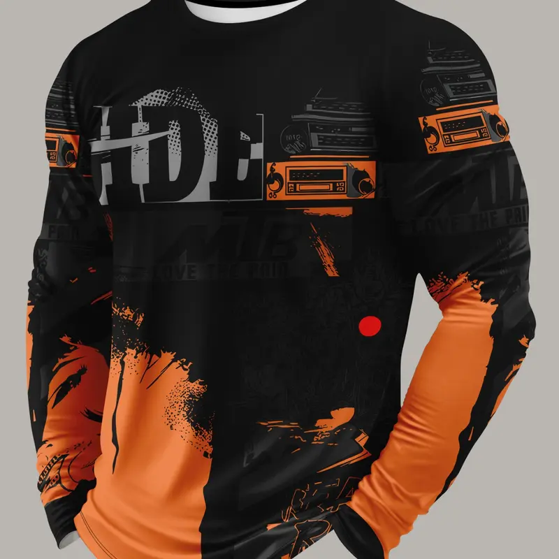 Men's MTB Themed 3D Graffiti Print Athletic Fashion Long Sleeve T-Shirt, Quick Dry Breathable Crew Neck Fitness Top, Sports Top for Cycling, Training and Gym