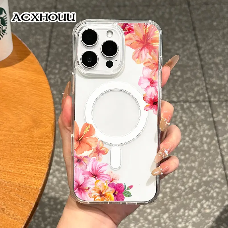 Magnetic Coquette Case for iPhone 17 16 E Pro Max 15 Plus 14 13 12 11 XS XR, Pastel Watercolor Hibiscus Border Design | Shockproof, Girly, Stylish, Silicone, and Trendy Protection