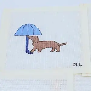 Dachshund In The Rain | Hand-Painted Needlepoint Canvas | 18 Mesh | Made to Order | Canvas Only