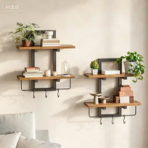 2-Tier Rustic Brown Floating Shelves with Hooks, Wood Wall Shelf Set for Storage, Decorative Hanging Shelves for Living Room Bedroom Kitchen Office, Wall Mounted Shelf with 6 Hooks for Bathroom Coffee Bar