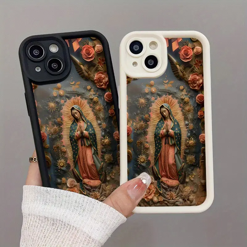 Retro Virgin Mary floral pattern, drop-proof and non-slip TPU full-cover lens mobile phone protective case, suitable for iPhone 17 16 15 14 13 12 11 XS X and other series models, can be given as a gift to friends or family