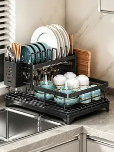 Two-layer cutlery holder, durable, space-saving kitchen storage rack with cup holder and knife holder
