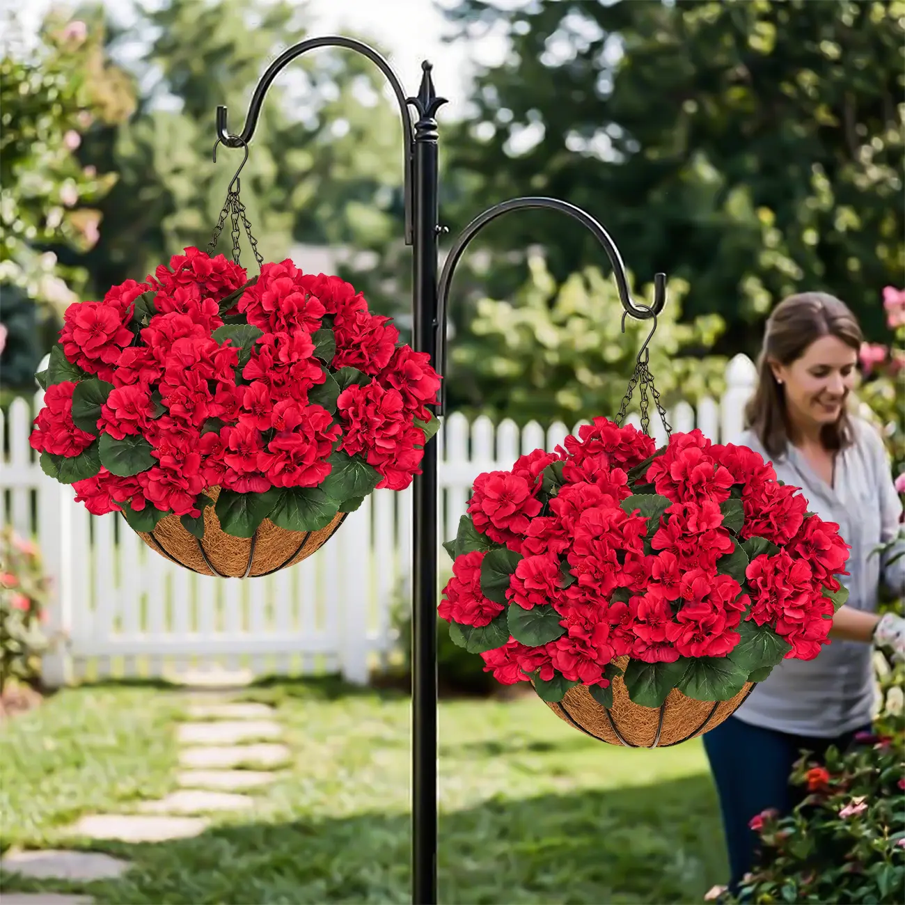 2 Pack UV-Resistant Outdoor Indoor Hanging Flower Baskets, Realistic Artificial Pansy with Coconut Liner, No Maintenance Fake Flowers for Porch Patio Garden Home Decor
