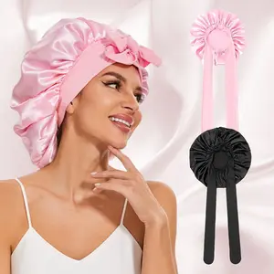 2Pcs Combine (Black+Pink )Satin Bonnet for Braids –Wholesale Price  Large Silk Sleep Cap with Stretchy Tie Band | Soft Night Hair Protection