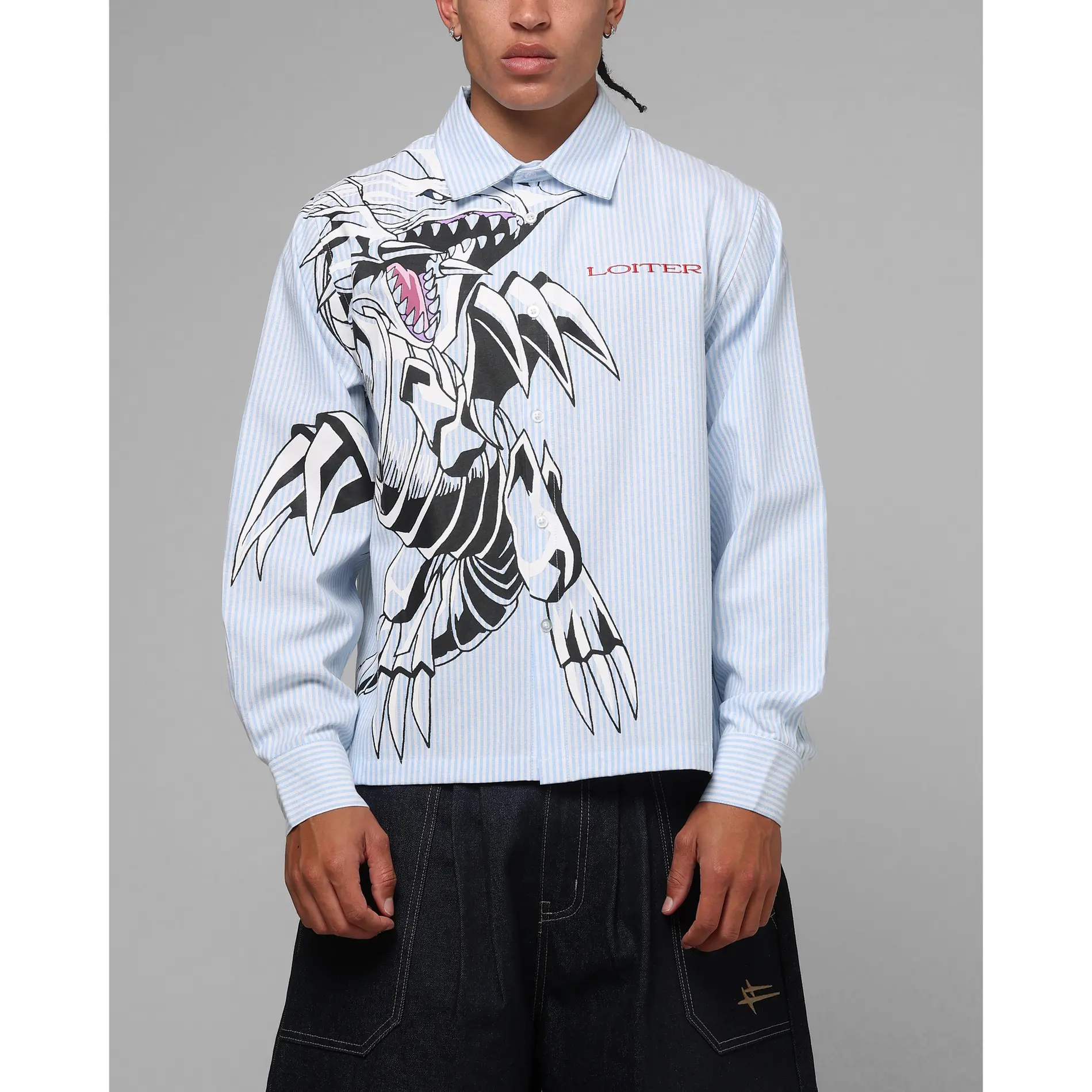 Loiter x Yu-Gi-Oh! Blue Eyes Button Up Shirt Blue Stripe