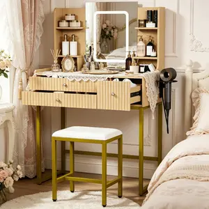 Modern Small Makeup Vanity Desk with 3-Color LED Mirror, Built-in Charging Station, 3 Drawers and 6 Storage Shelves, White Board Gold Metal Frame Bedroom Dressing Table