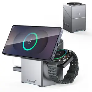 ZEEHOO 3-in-1 Wireless Charging Station for Samsung, Cubetrick-X Qi2 Certified Fast Charger Stand for iPhone 16–12 & Galaxy Phones, AirPods, and Samsung Galaxy Watch, Rotating Mag-Safe Compatible Dock with USB-C Adapter, Sanity Charger Smartphone