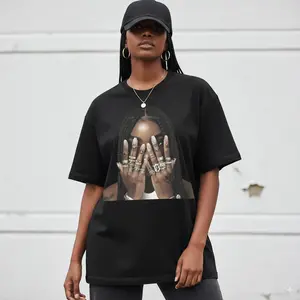 Slaydiva Casual Simple Hip-Hop Fingerprint & Portrait Print Loose Round Neck Short Sleeve T-Shirt For Women