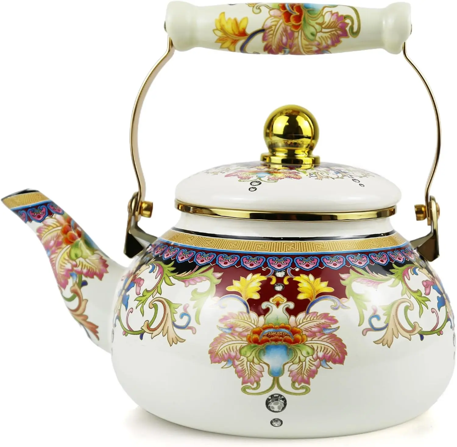 2.5L Floral Enamel Tea Kettle with Ceramic Handle, Stovetop Teapot - Lead-Free, No Whistle, Ideal Gift for Tea Lovers, Used for Drinking Tea in Camping Courtyards