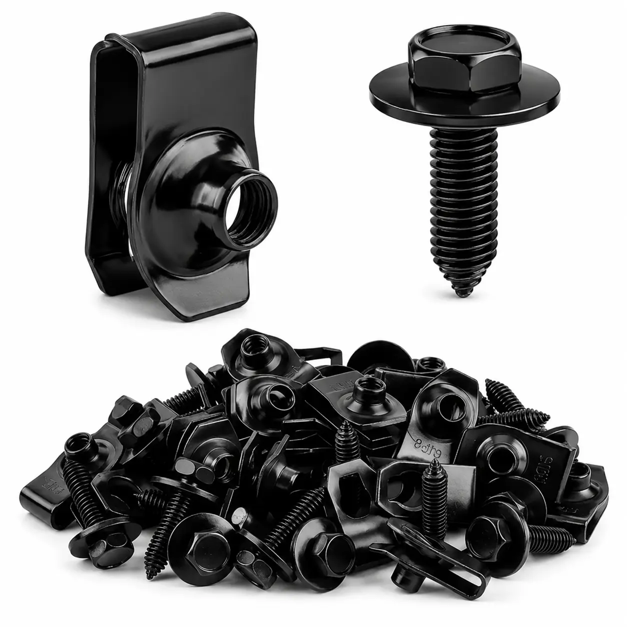 50PCS Automotive Bolts & U-Clip Nuts Set, 25 Bolts + 25 Metal Clips, Black Metal Fastener Kit for Bumper, Fender & Body Panels