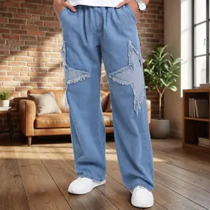 Men's Comfort Star Patch Jeans Boy's Soft Wide Leg Denim with Elastic Waist Springfresh Men's Comfort Star Patch Jeans Boy's Soft Wide Leg Denim with Elastic Waist Springfresh