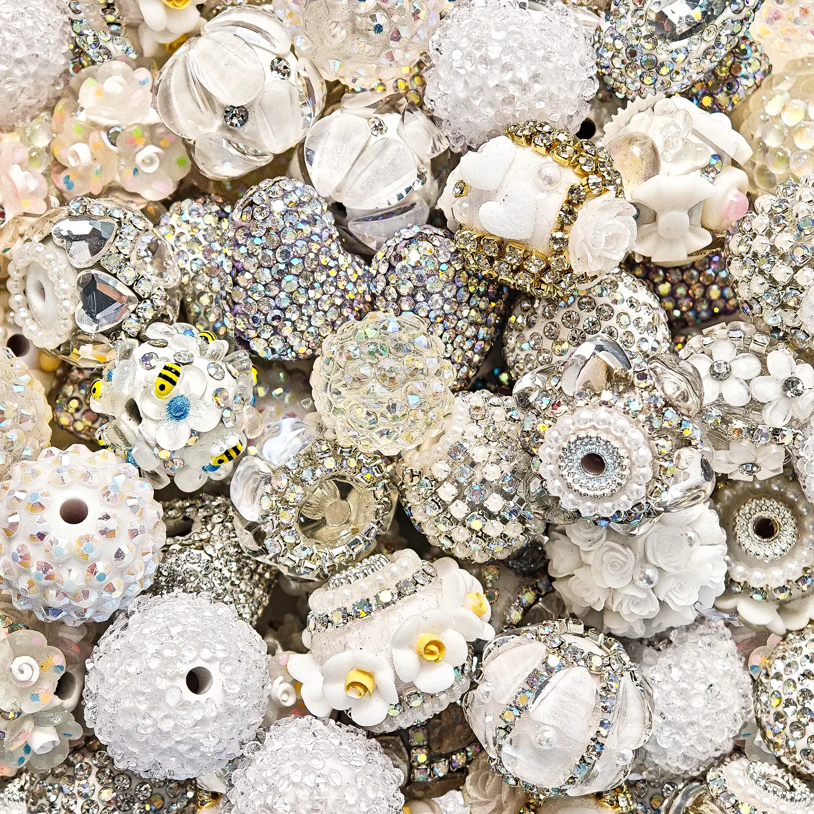 10Pcs Mixed Shape Heart Square Round Full Rhinestone Through Hole Beads 3D Flower Decor Beads Vintage Coquette Style DIY Pen Phone Charm Craft Accessories
