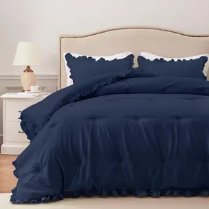 Full Comforter Navy - Ruffle Comforter for Full Size, Fluffy Full Size Comforter for Seasons, 3 Comforter(1 Comforter  2 Pillow Shams)