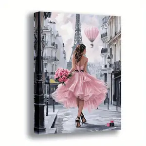2D Flat, 1 Piece Paris Romantic, Artistic Canvas Wall Art - Pink Dress Lady Eiffel Tower Street Scene Poster, Ready to Hang Vintage Paris Decoration, Suitable for Home & Office - Wedding or Anniversary Gift, Romantic Artwork, Dopamine Decor