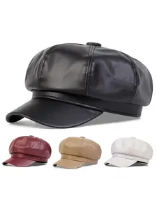 Unisex PU Octagonal Beret Hat, Casual Trendy Hat, Casual Fitted Plain Design, Outdoor Sun Protection, Spring & Fall Travel Beach Vacation Accessory