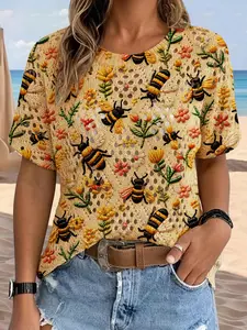 Women's Vintage Farmhouse Bee Animal Flower Print Round Neck Short Sleeve Knit Sweater, Casual Breathable Top for Spring Summer Fall