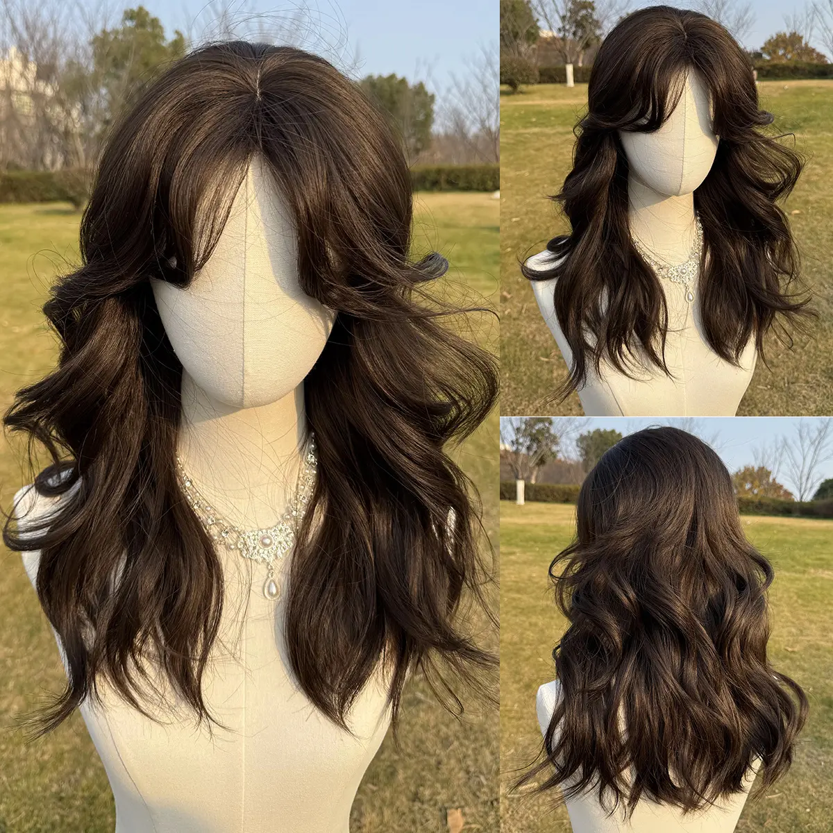 SMILCO 20" Curly Deep Brown Synthetic Wig SM415 with Curtain Bangs Glueless Natural-Looking Scalp Full Machine Cap Adjustable Straps Breathable Cap Vibrant Color Soft Texture