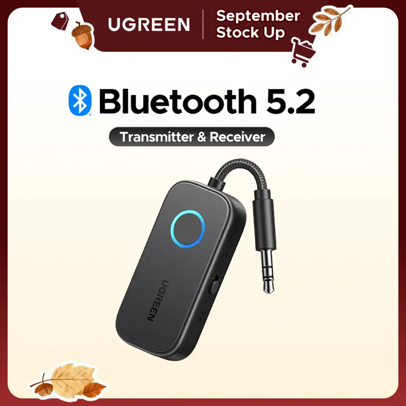 UGREEN 2-in-1 Model Bluetooth 5.2 3.5mm Audio Transmitter/Receiver Adapter, Headphone Accessories, Compatible with Airpods, TV, Vehicle, MP3 Devices, Ideal for Flight Use, 24-Month Warranty