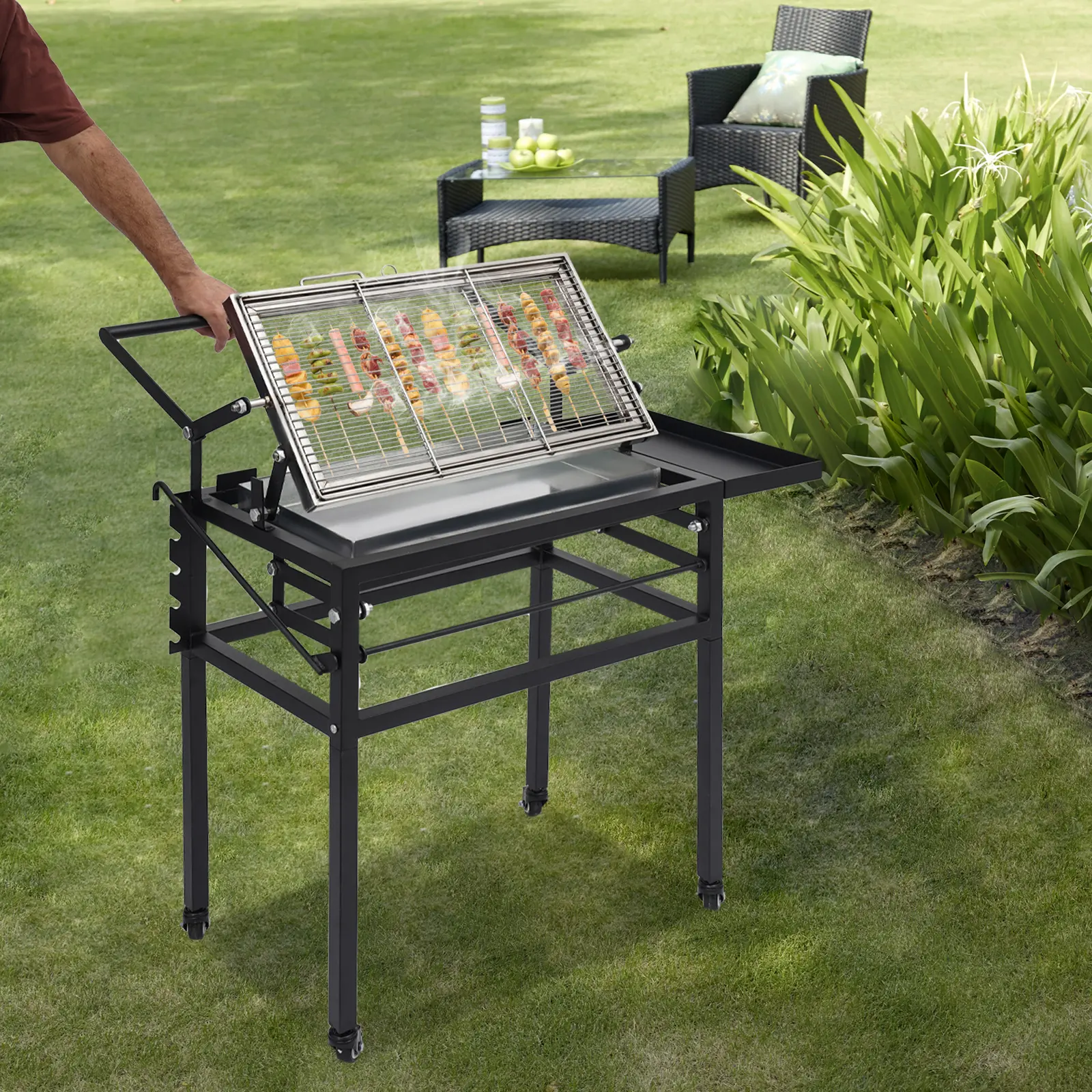 Modern Steel Alloy Charcoal Flip Grill Table with Metal Frame, 8-Person Capacity, for Outdoor BBQ, Camping Use