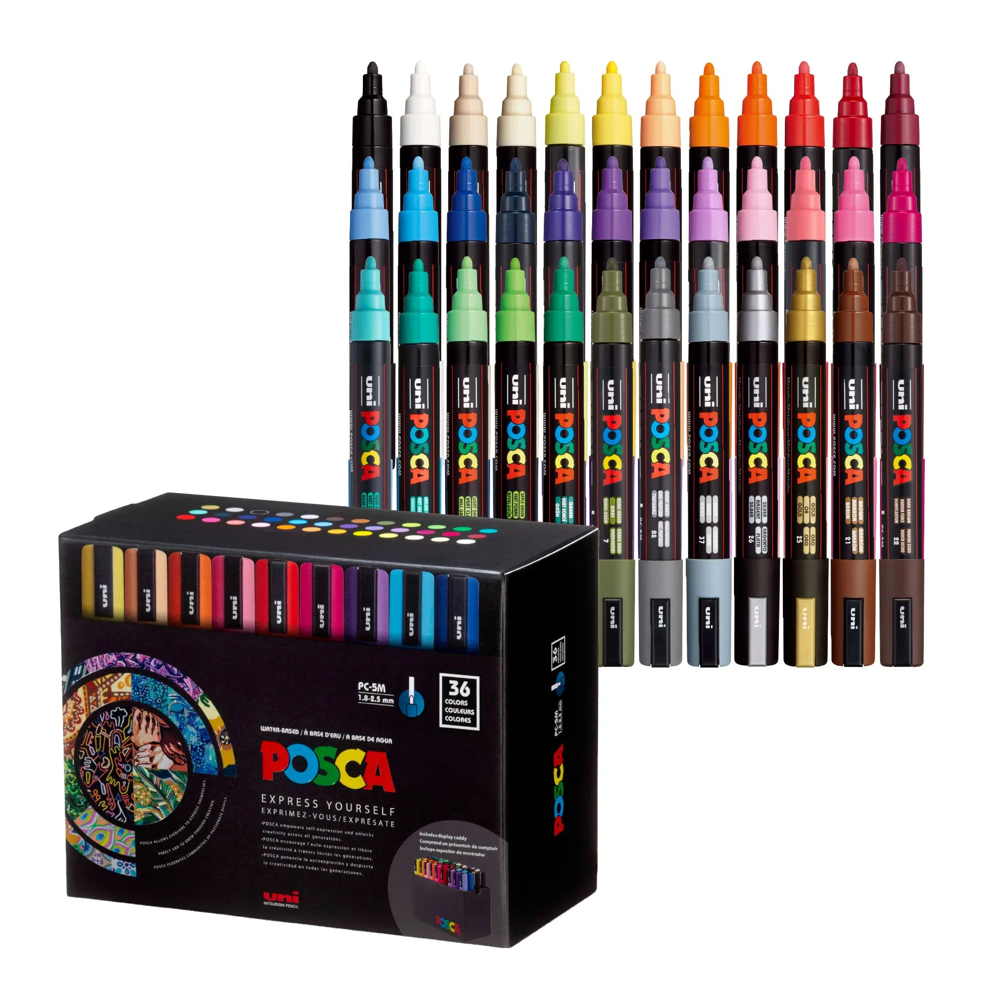 uni POSCA PC-5M Water-Based Paint Markers with Mixable Ink, Reversible Tip, and Display Caddy