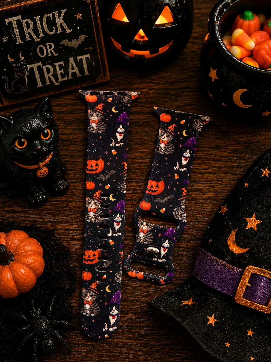 Halloween Black Cat Watch Band – Spooky Cats & Pumpkins