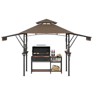 8x5 FT BBQ Gazebo, Double-tier Outdoor Canopy with Adjustable Side Awning, 2 Shelf Hooks & 4 LED Lights, Waterproof Sunshade for Camping Picnic Barbecue Party