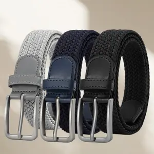 3pcs Elastic Braided Stretch Belts | 1 3/8" Width, Square Buckles, 3 Colors (Light Grey/Blue/Black) - Sporty Casual Belts for Golf Pants & Jeans, Valentine's Day/Father's Day Gifts, Golf Clothes, Versatile Accessory, Sleek Design, Highquality Buckle