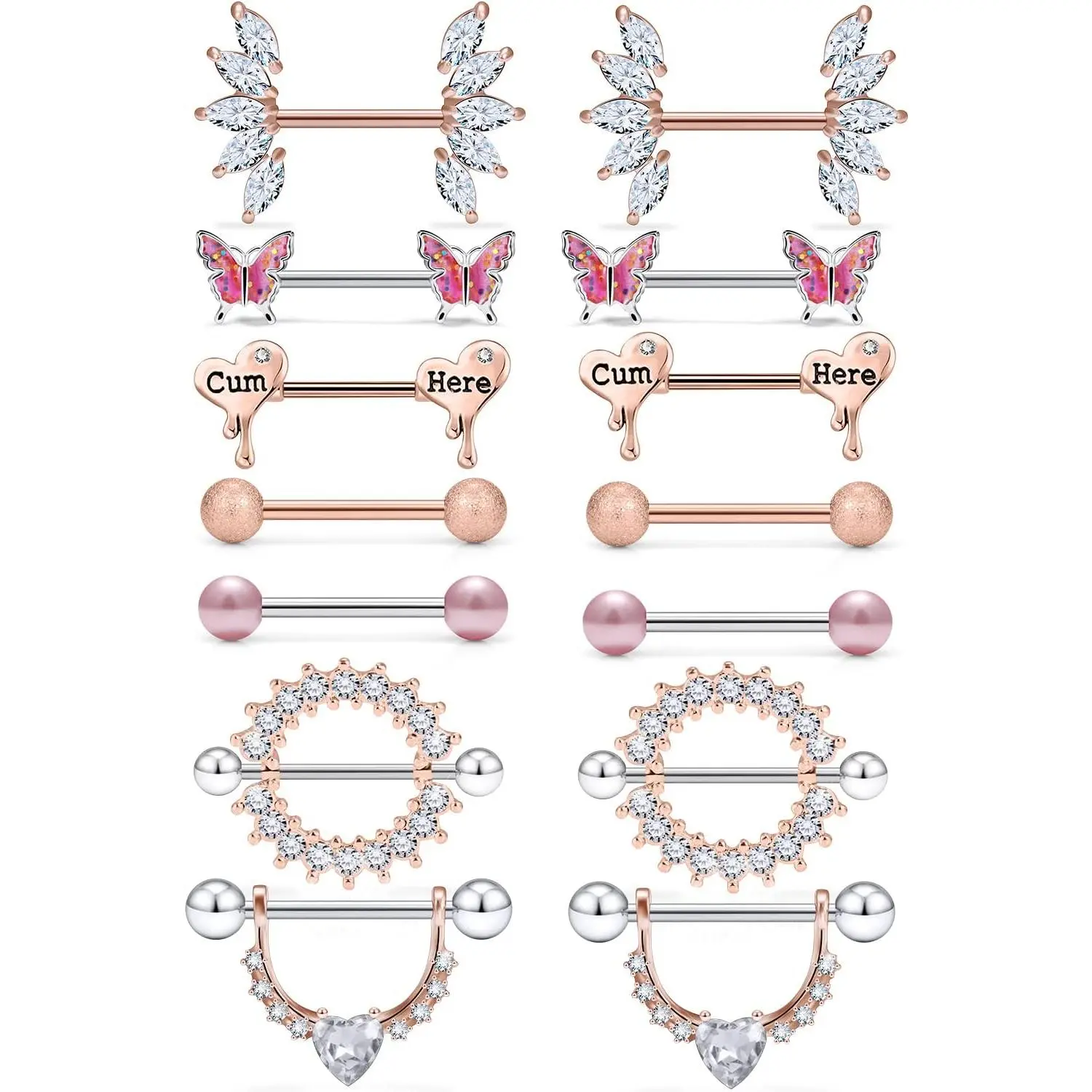Butterfly Nipple Rings 14G Nipple Piercing  Stainless Steel Nipple Tongue Ring Barbell Piercing  for Women 14mm  Black Purple Rose  7Pairs